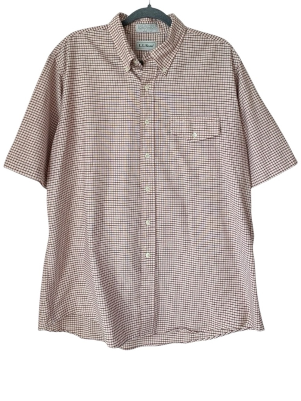 L.L. Bean Gingham Print Short Sleeve Button Down Shirt Red/Cream- Size 17.5